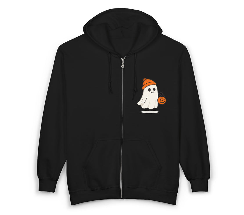 Black hoodie with a ghost and pumpkin design on the chest against a white background