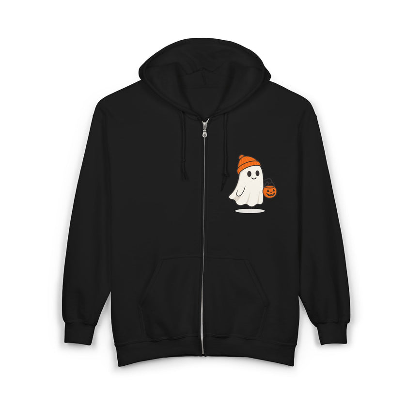 Black hoodie with a ghost and pumpkin design on the chest against a white background