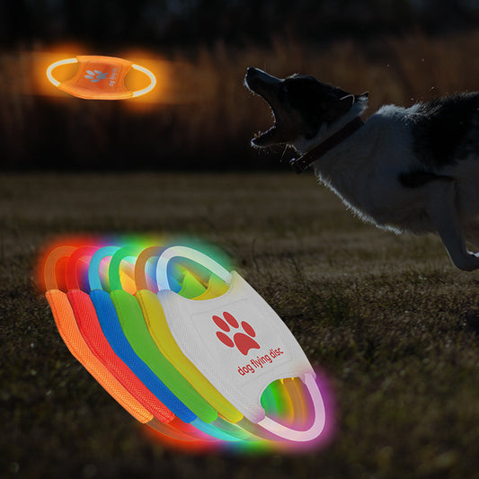 Dog playing with a colorful LED flying disc on grass at night.