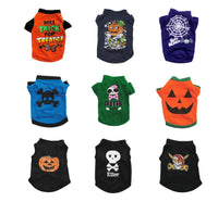 Collection of Halloween-themed pet shirts on a white background