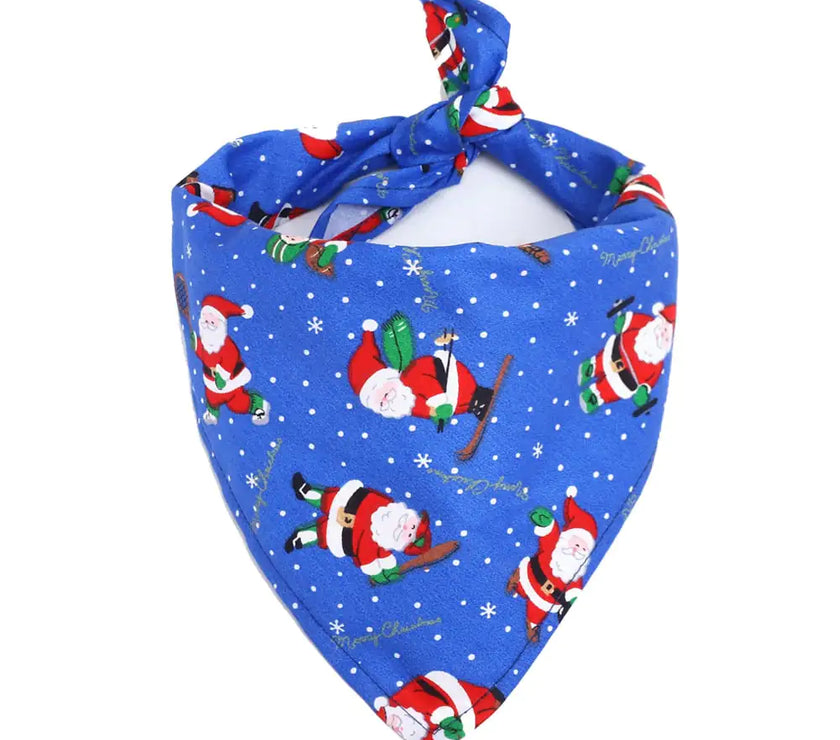 Blue bandana with Christmas-themed Santa Claus design on a white background