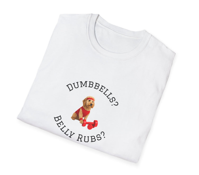 White t-shirt with a dog graphic and text on a white background
