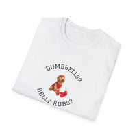 White t-shirt with a dog graphic and text on a white background