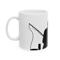White ceramic mug featuring a silhouette of a child holding a fishing rod next to an adult figure, with the words "Happy Father's Day" in gold script above—an ideal gift for dads who love fishing and family time.