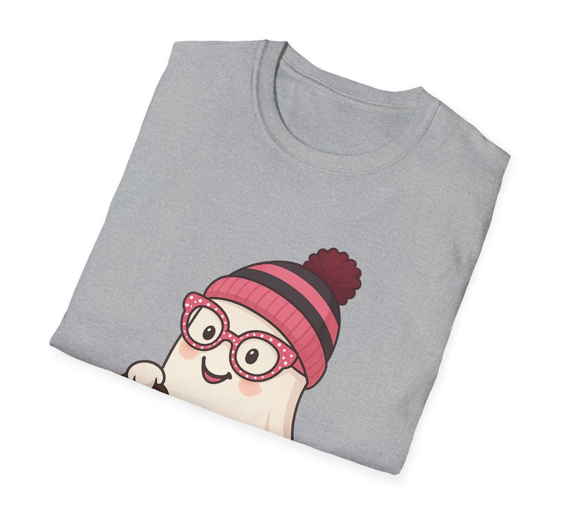 Folded gray t-shirt with a cartoon character wearing a pink beanie and glasses on a white background