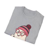 Folded gray t-shirt with a cartoon character wearing a pink beanie and glasses on a white background