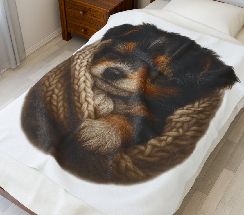 Blanket with Puppy wrapped in a knitted blanket on a white 