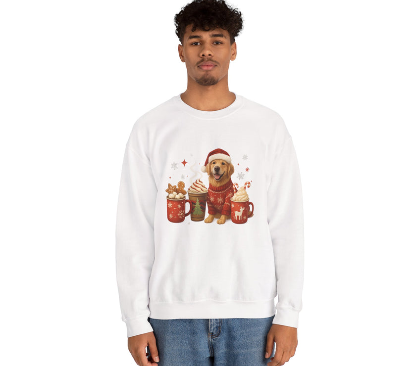 Person wearing a white sweatshirt with a dog and hot chocolate graphic on a white background