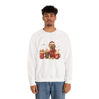 Person wearing a white sweatshirt with a dog and hot chocolate graphic on a white background