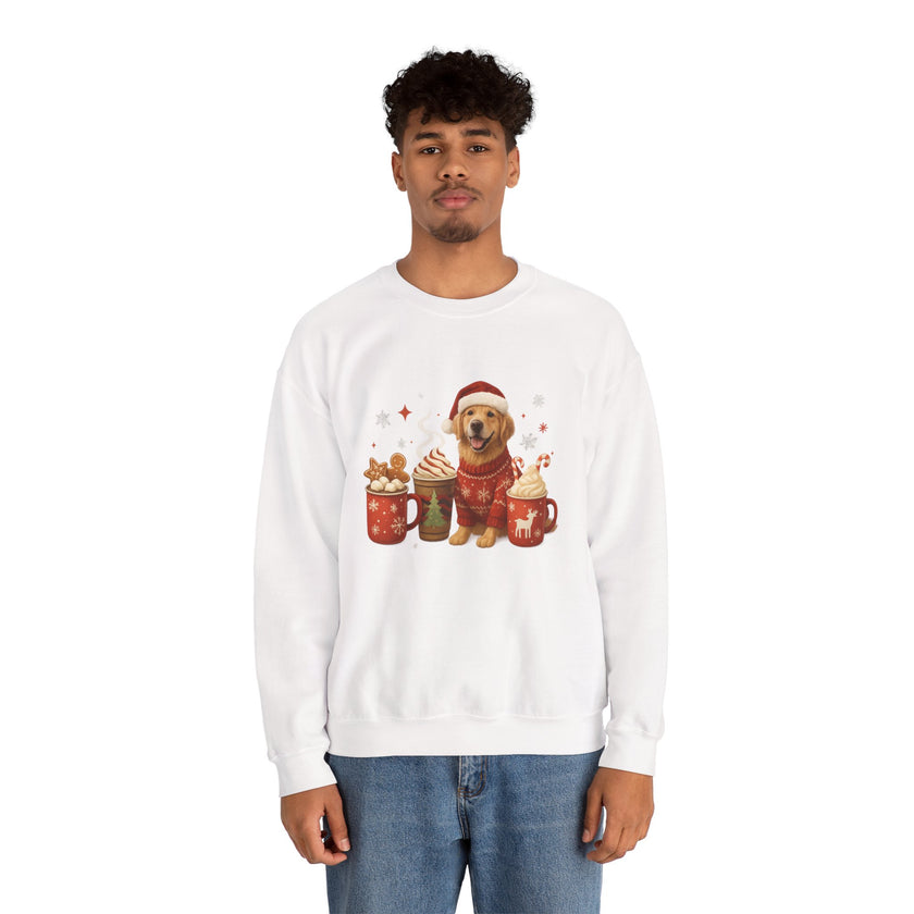 Person wearing a white sweatshirt with a dog and hot chocolate graphic on a white background