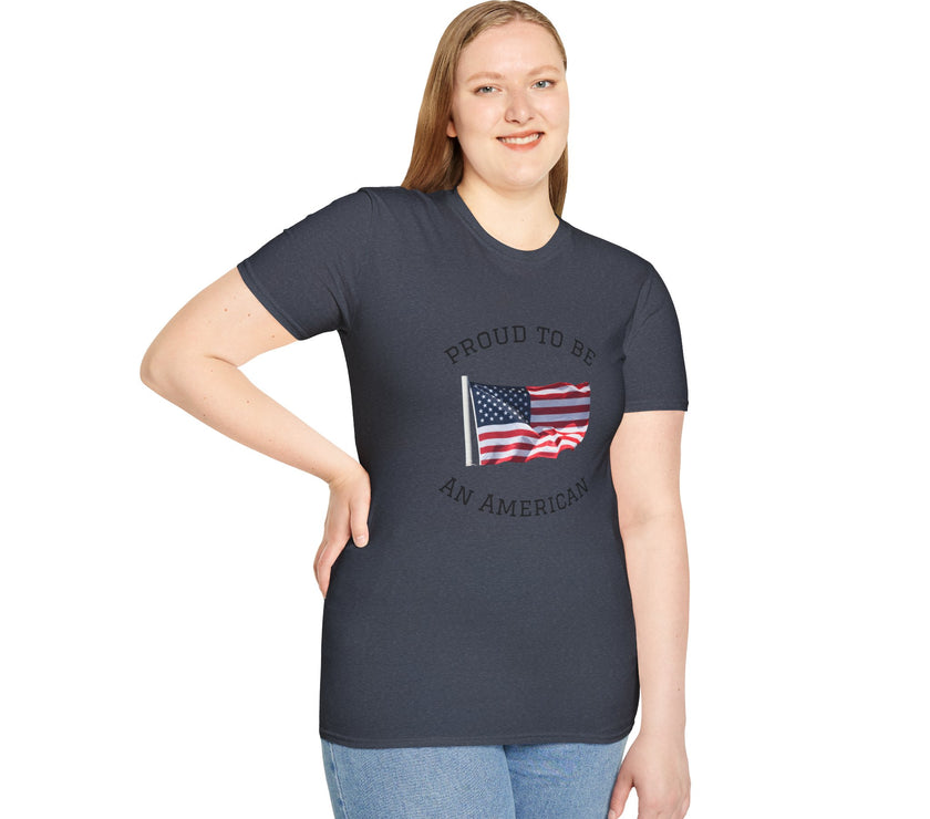 Smiling woman  wearing a white t-shirt with an American flag graphic and the words 'Proud to Be an American' printed around the flag