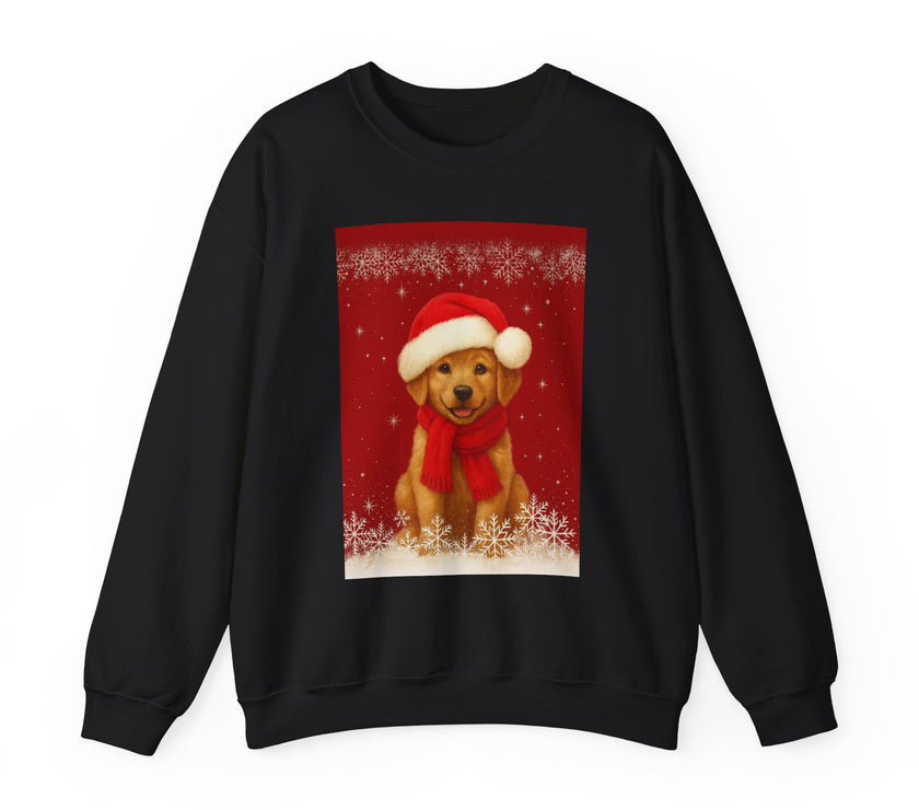 Black sweatshirt with a festive design of a dog wearing a Santa hat and scarf on a red background.