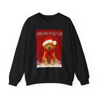 Black sweatshirt with a festive design of a dog wearing a Santa hat and scarf on a red background.