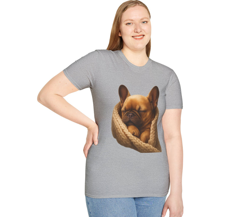 Person wearing a gray t-shirt with a dog graphic on a white background