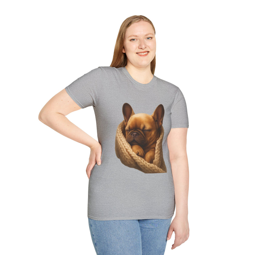 Person wearing a gray t-shirt with a dog graphic on a white background