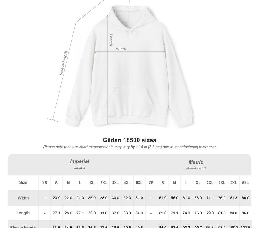 White hoodie with measurement chart on a white background