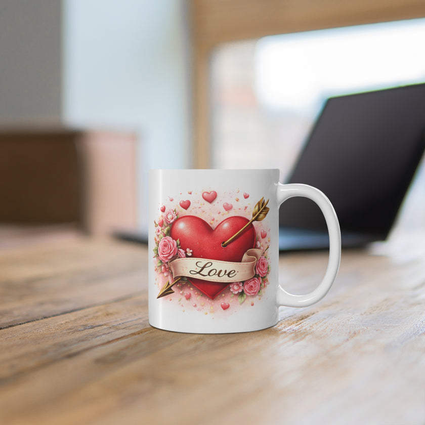 Mug with heart design and 'Love' text on a wooden surface