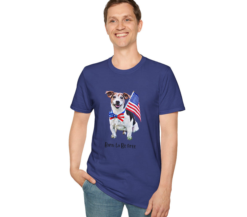 Male wearing T-shirt featuring a cute golden doodle puppy wearing an American flag bow tie and holding a small U.S. flag, with the phrase 'Born to Be Free' printed below the image.