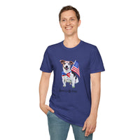 Male wearing T-shirt featuring a cute golden doodle puppy wearing an American flag bow tie and holding a small U.S. flag, with the phrase 'Born to Be Free' printed below the image.