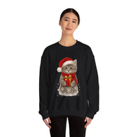 Black sweatshirt featuring a gray kitten wearing a Santa hat and red scarf, holding a small red gift box with a gold bow, surrounded by snowflake designs.