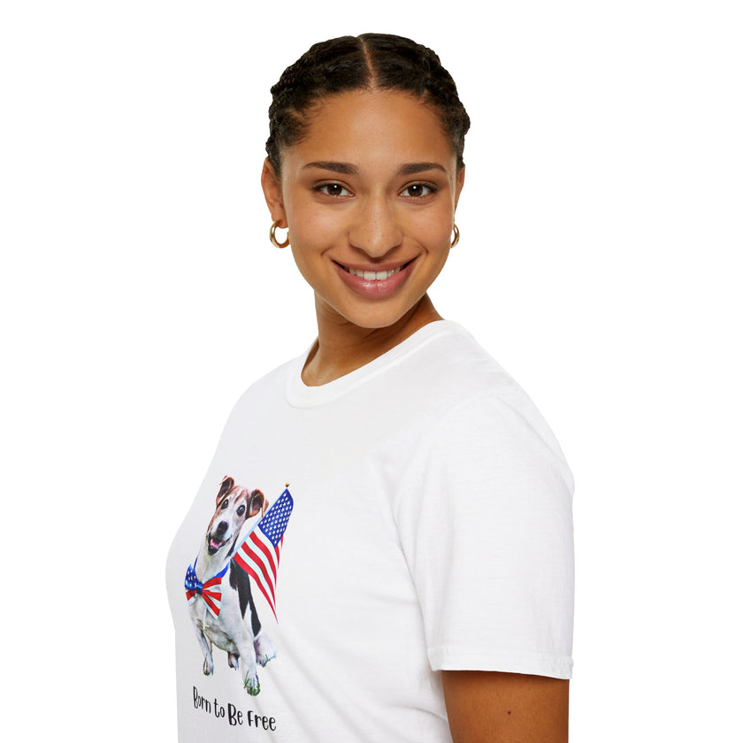 Female wearing T-shirt featuring a cute  puppy wearing an American flag bow tie and holding a small U.S. flag, with the phrase 'Born to Be Free' printed below the image.