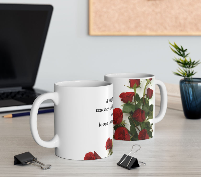 Elegant Floral Coffee Mug for Mom with Timeless Mother's Quote   "A mother teaches without words and loves without ." 