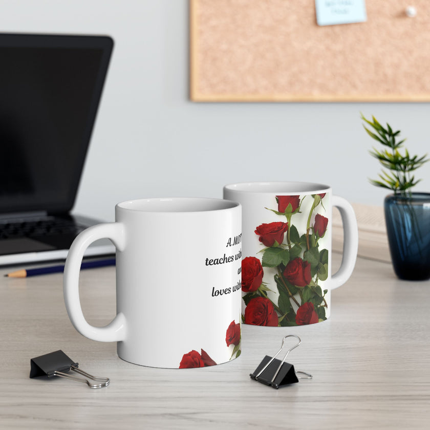 Elegant Floral Coffee Mug for Mom with Timeless Mother's Quote   "A mother teaches without words and loves without ." 