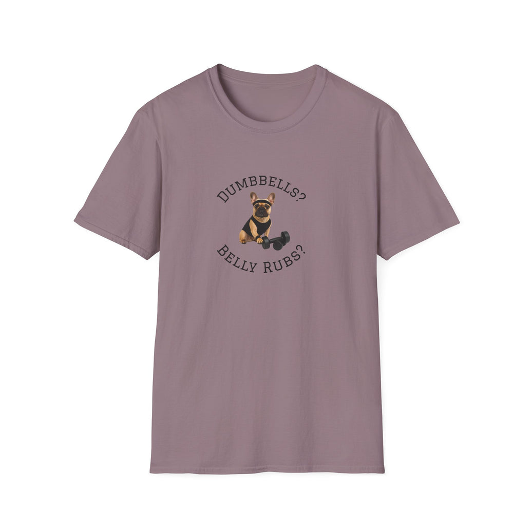 Purple t-shirt with a dog graphic and text on a white background