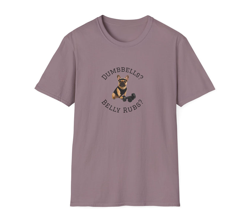 Purple t-shirt with a dog graphic and text on a white background