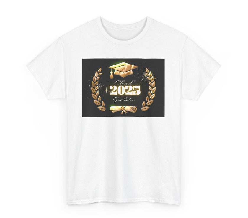 Light gray or white unisex T-shirt featuring a bold "Class of 2025 Graduates" design in gold, with a graduation cap, laurel wreath, and diploma printed on the front