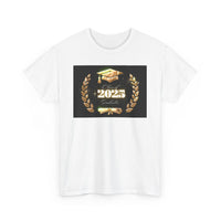 Light gray or white unisex T-shirt featuring a bold "Class of 2025 Graduates" design in gold, with a graduation cap, laurel wreath, and diploma printed on the front