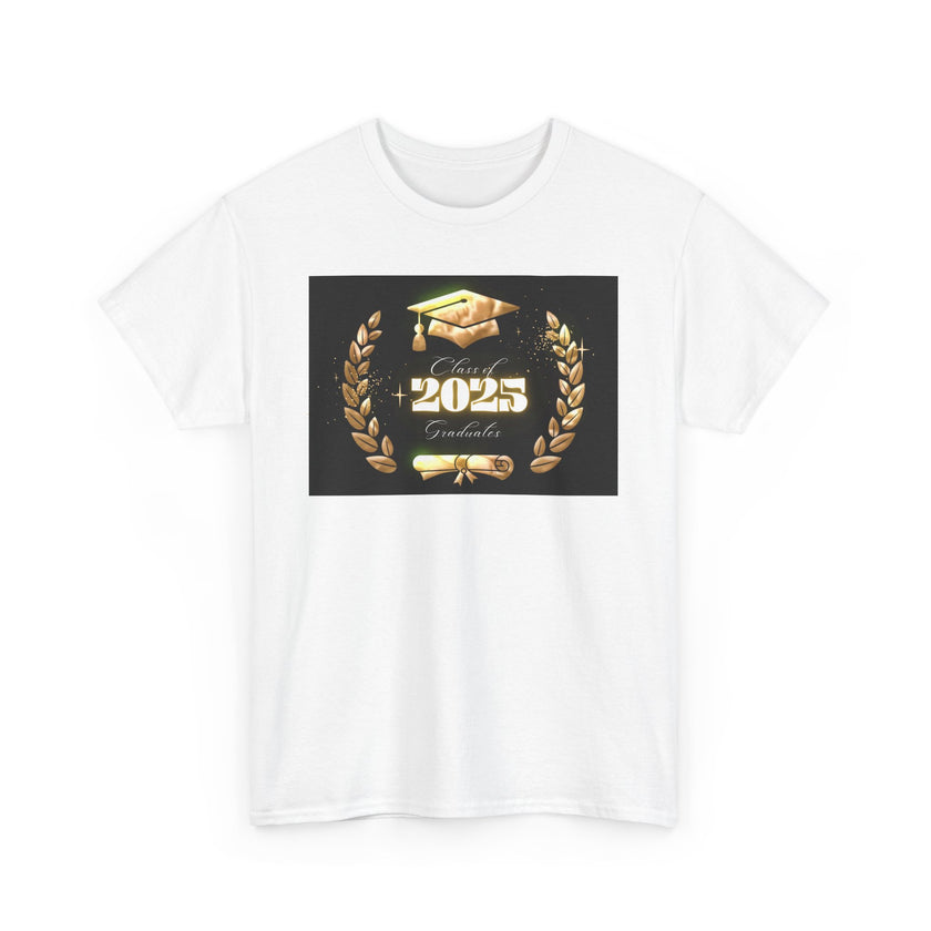 Light gray or white unisex T-shirt featuring a bold "Class of 2025 Graduates" design in gold, with a graduation cap, laurel wreath, and diploma printed on the front