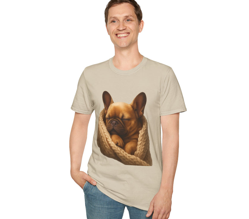 Person wearing a t-shirt with a dog graphic on a white background