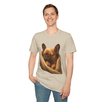 Person wearing a t-shirt with a dog graphic on a white background