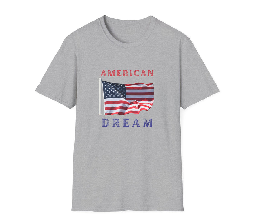 T-shirt featuring an American flag graphic with the words 'AMERICAN DREAM' in red and blue text above and below the flag