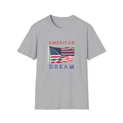 T-shirt featuring an American flag graphic with the words 'AMERICAN DREAM' in red and blue text above and below the flag