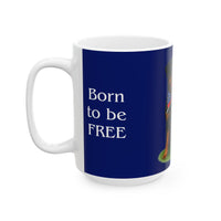 A ceramic mug featuring a Rottweiler sitting on grass, wearing a red, white, and blue bow tie, and holding an American flag against a dark blue background. with the message "Born to be Free"