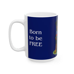 A ceramic mug featuring a Rottweiler sitting on grass, wearing a red, white, and blue bow tie, and holding an American flag against a dark blue background. with the message "Born to be Free"