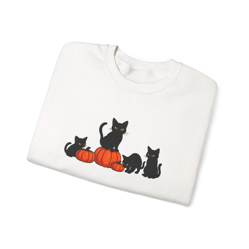 White sweatshirt with black cat and pumpkin design on a white background