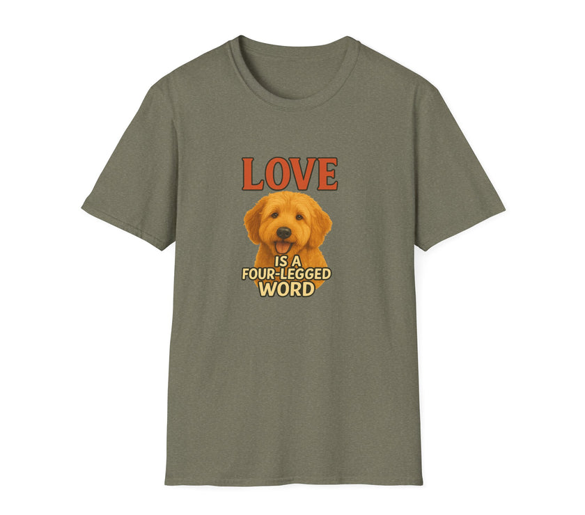 Green t-shirt with a dog graphic and text on a white background