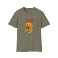 Green t-shirt with a dog graphic and text on a white background