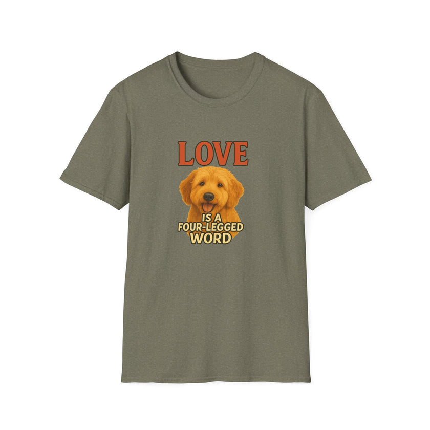 Green t-shirt with a dog graphic and text on a white background