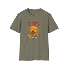 Green t-shirt with a dog graphic and text on a white background