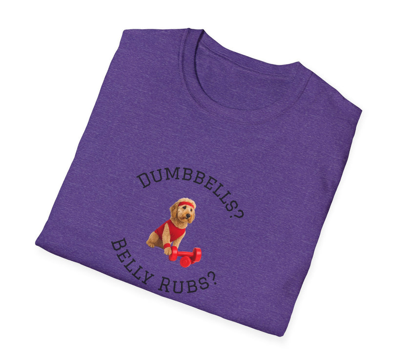 Folded purple t-shirt with a dog graphic and text on a white background