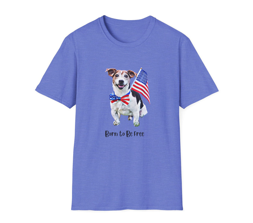 T-shirt featuring a cute  puppy wearing an American flag bow tie and holding a small U.S. flag, with the phrase 'Born to Be Free' printed below the image.