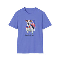 T-shirt featuring a cute  puppy wearing an American flag bow tie and holding a small U.S. flag, with the phrase 'Born to Be Free' printed below the image.