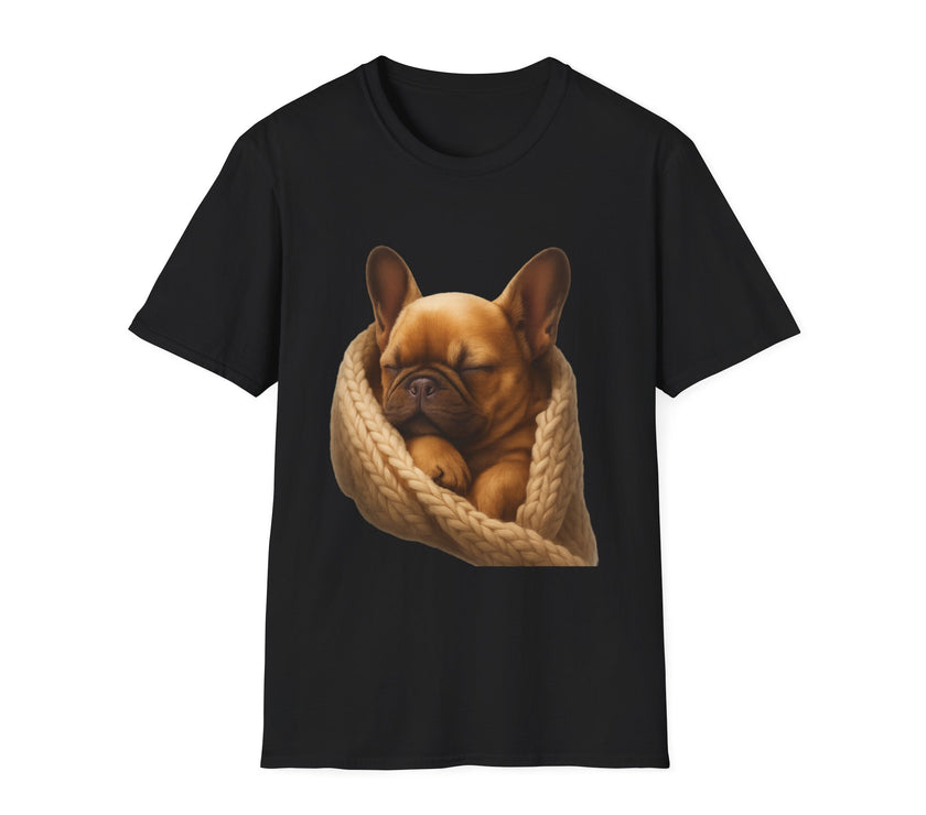 Black t-shirt with a dog design on a white background