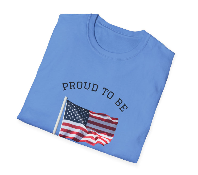Folded T-shirt with an American flag graphic and the words 'Proud to Be an American' printed around the flag