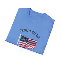 Folded T-shirt with an American flag graphic and the words 'Proud to Be an American' printed around the flag