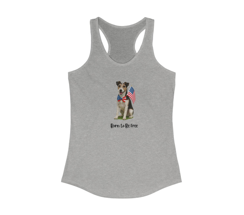 Gray tank top with a dog graphic and 'Born to be Free' text on a white background